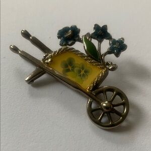 Floral Wheelbarrow Brooch with Blue and Yellow Accents